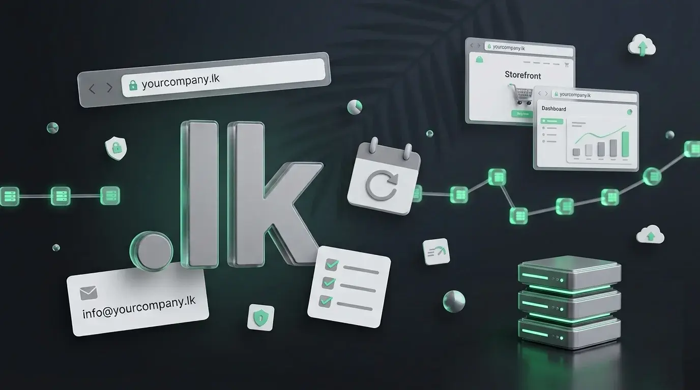 Large 3D “.lk” symbol with a browser address bar showing yourcompany.lk and a business email card, illustrating .lk domain registration in Sri Lanka.