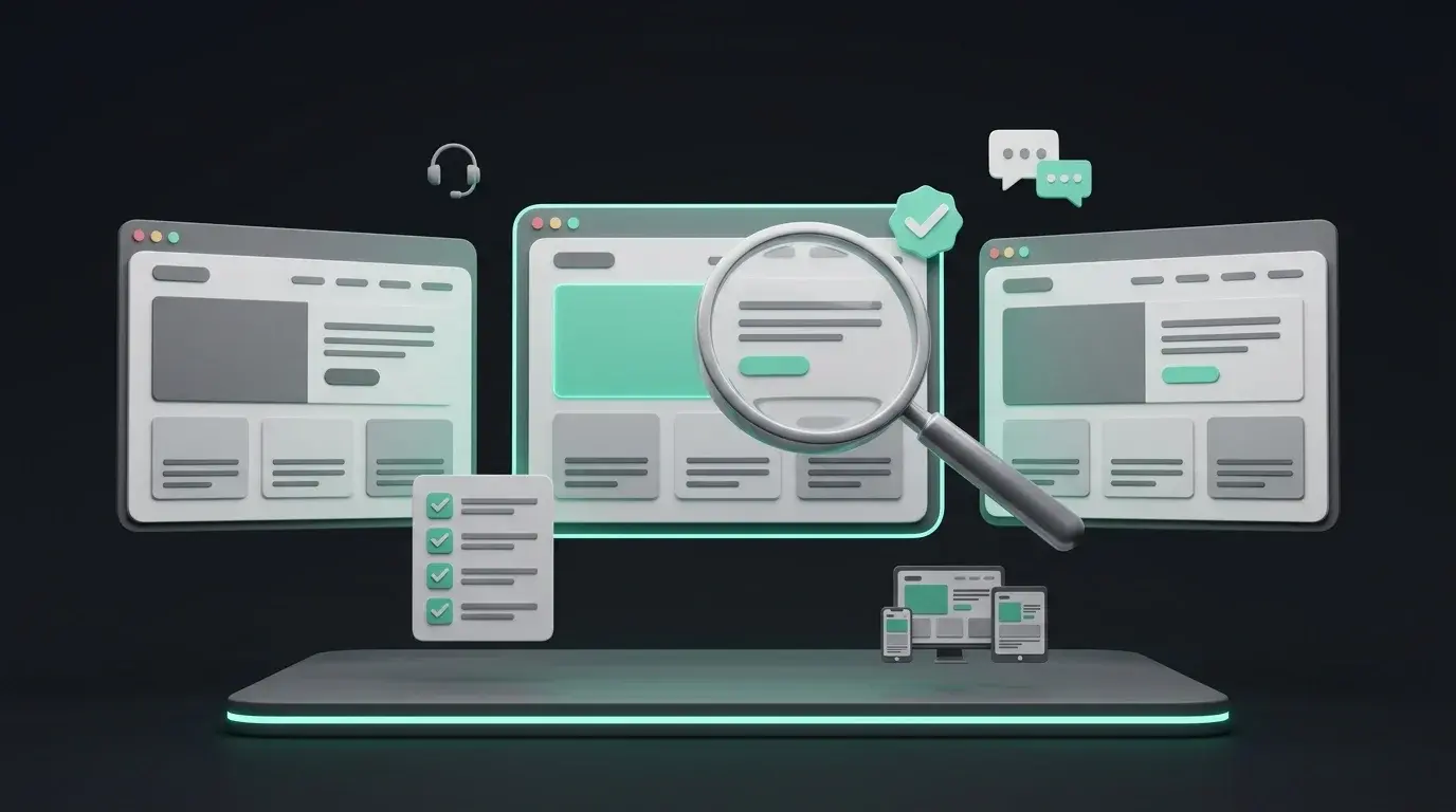 Three website preview cards compared side by side, with a magnifying glass highlighting the best one, illustrating how to choose a web development company.