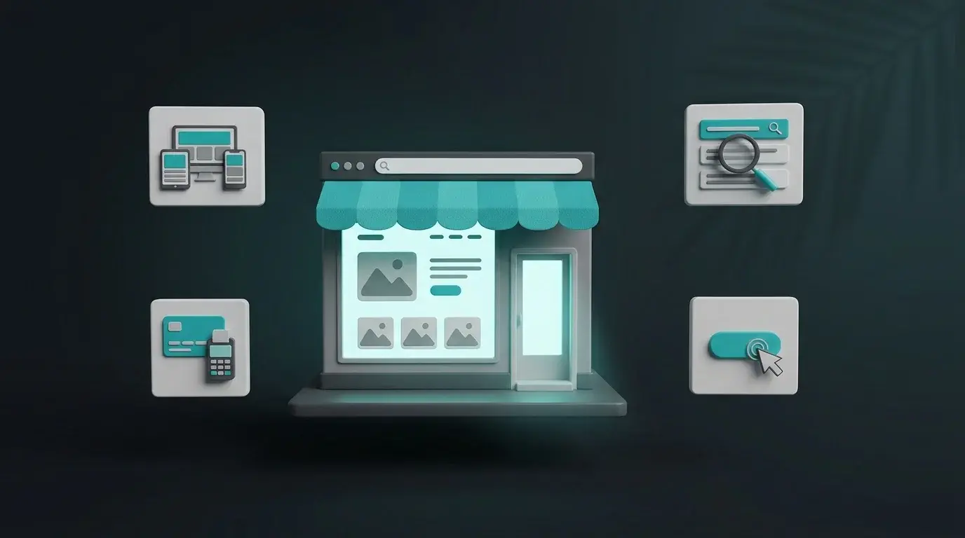 A 3D shopfront whose front window is a website, surrounded by icons for responsive design, search visibility and easy navigation, illustrating professional web design services.