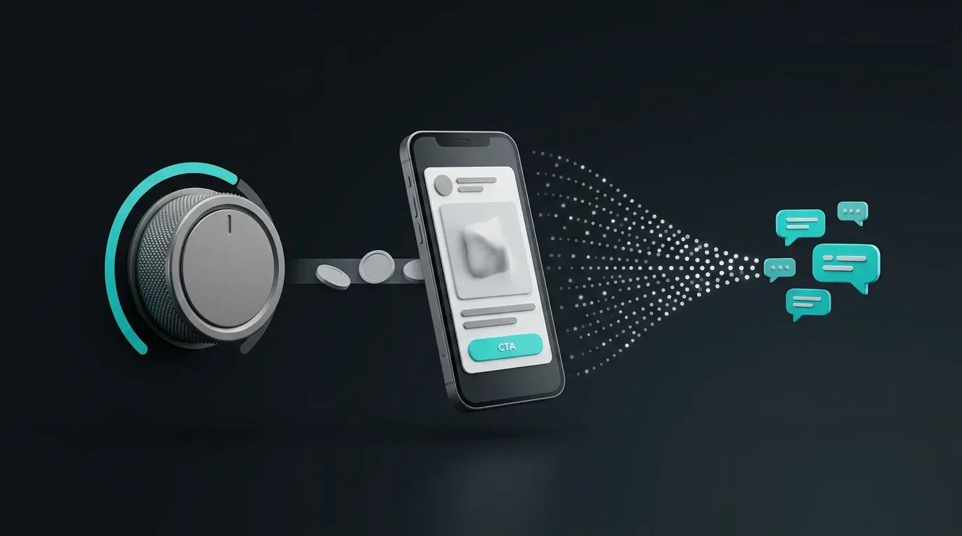 A budget dial feeding a social media ad on a smartphone, with reach spreading out and narrowing into a few chat bubbles, illustrating what Facebook ads cost.